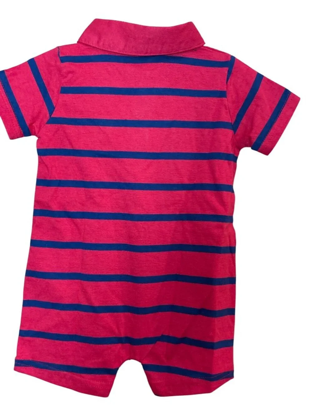 Baby Boy Red & Navy Striped Polo Romper With Car Applique - 6-9 Months